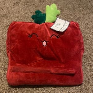 Red Plush Reading Pillow with Green Accents